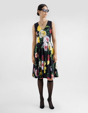 Klä Dolce & Gabbana Dolce & Gabbana Peony and Rose Print Cady Midi Dress Svart | F6TLCTFSRPHHN5IY, 1