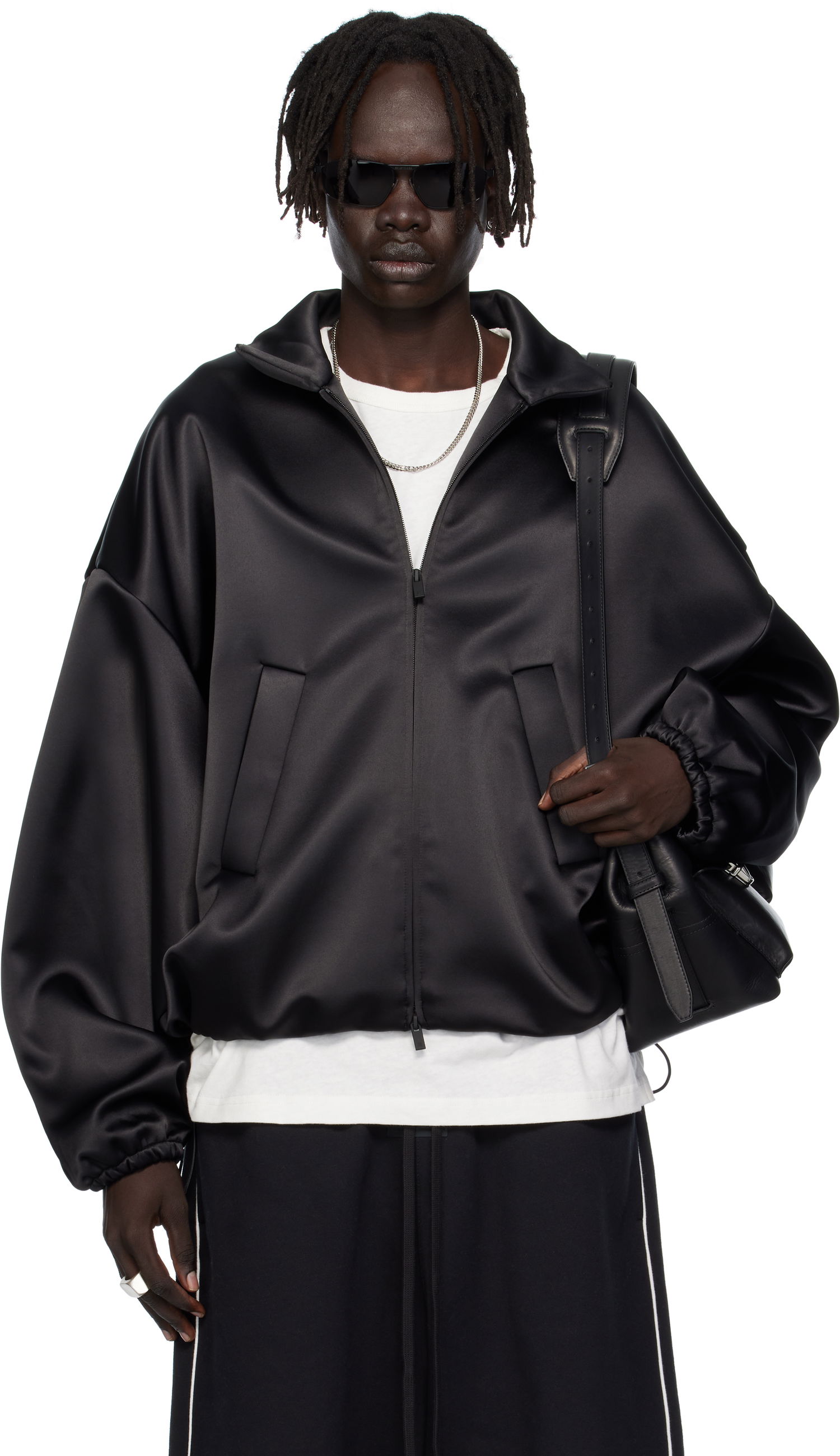 Bomberjacka Fear of God ESSENTIALS Bonded Satin Zip-Up Bomber Jacket Svart | 202SP258070F, 0