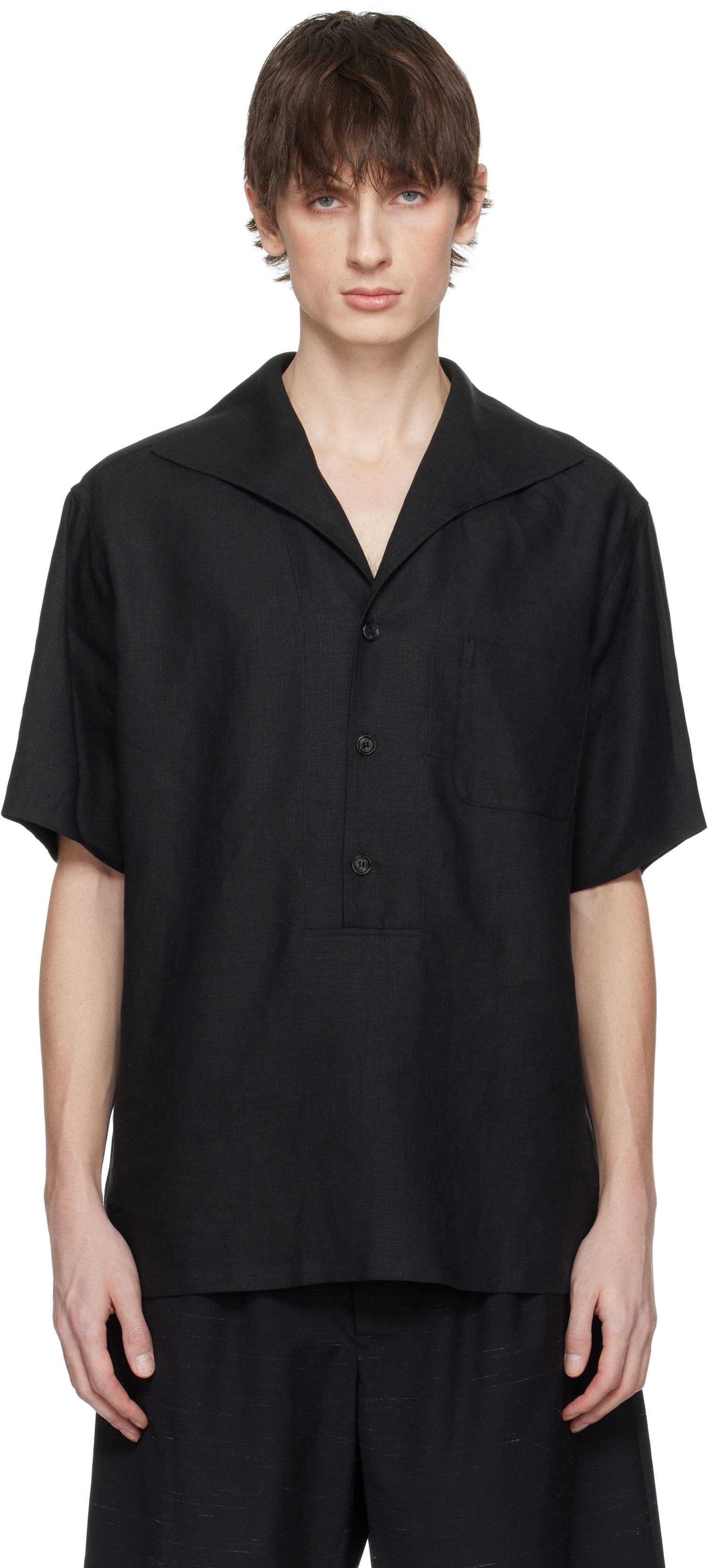 Skjorta Dolce & Gabbana Dolce&Gabbana Three-Button Short-Sleeved Linen Shirt Svart | G5NE3TFU4JB, 0