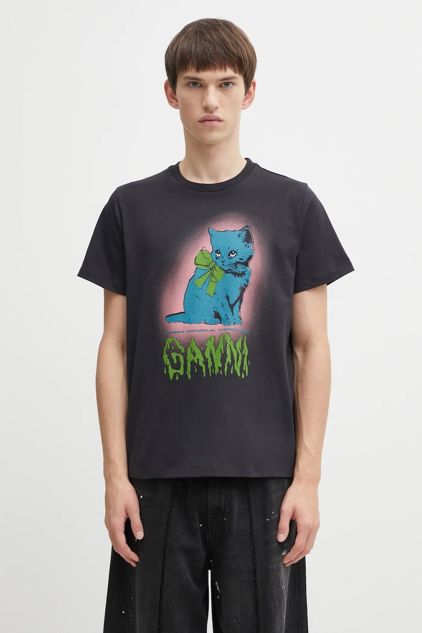 T-shirt GANNI Basic Cotton Jersey Neon Kitty T-shirt Svart | T4340