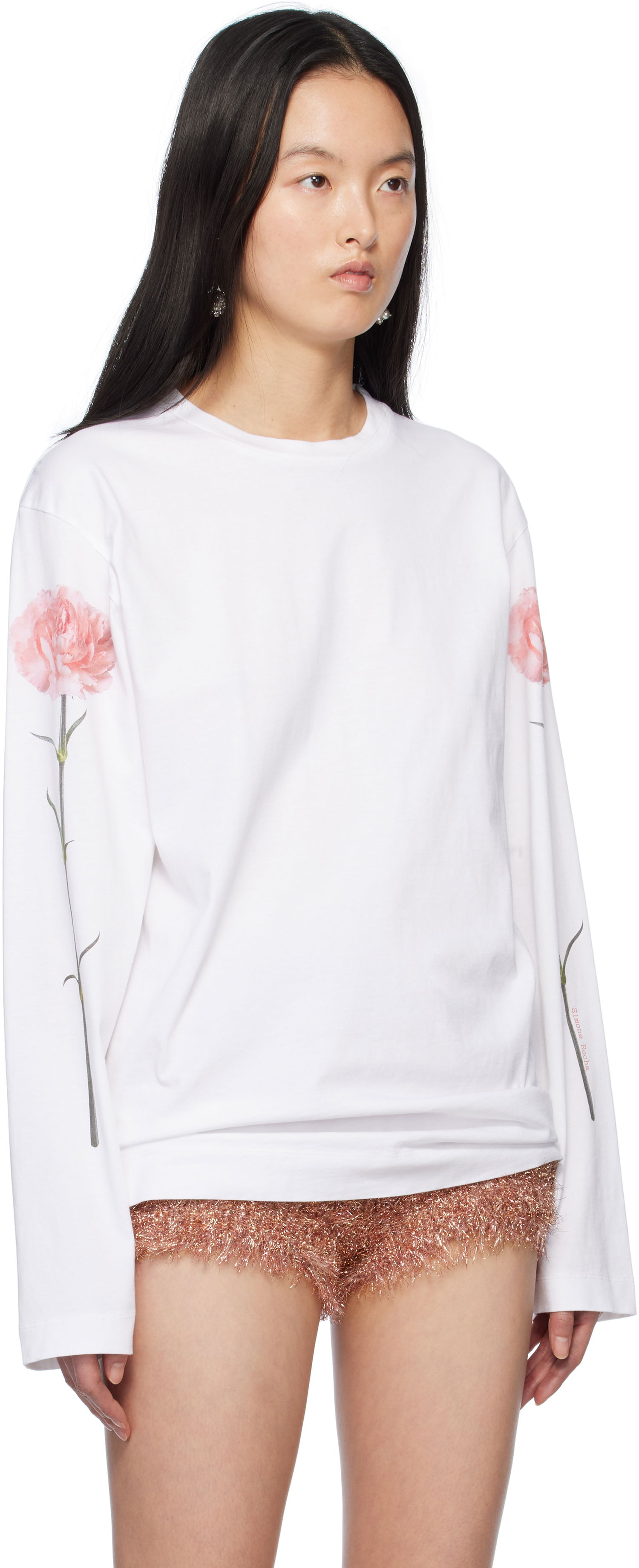 T-shirt Simone Rocha Simone Rocha Carnation Print Long Sleeve T-Shirt Vit | 5194P32P32A-W 0569, 1