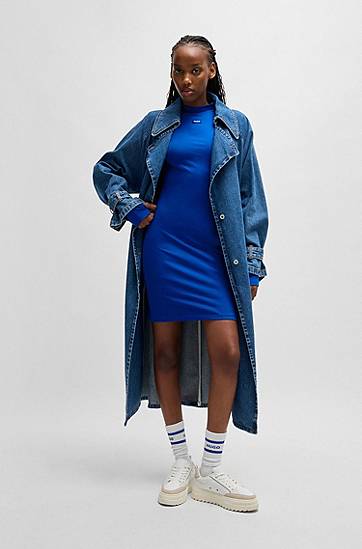 Klä BOSS HUGO Bodycon Stretch Cotton Dress with Logo Badge Blå | 50531138, 1