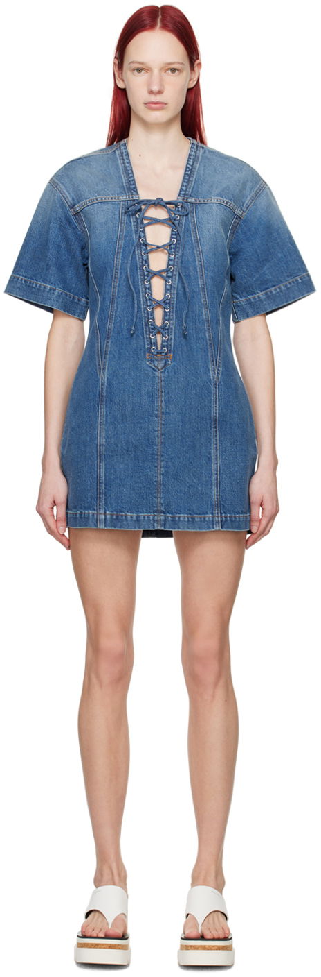 Klä Stella McCartney Stella McCartney Lace-Up Denim Minidress Blå | 6D02603SPH72