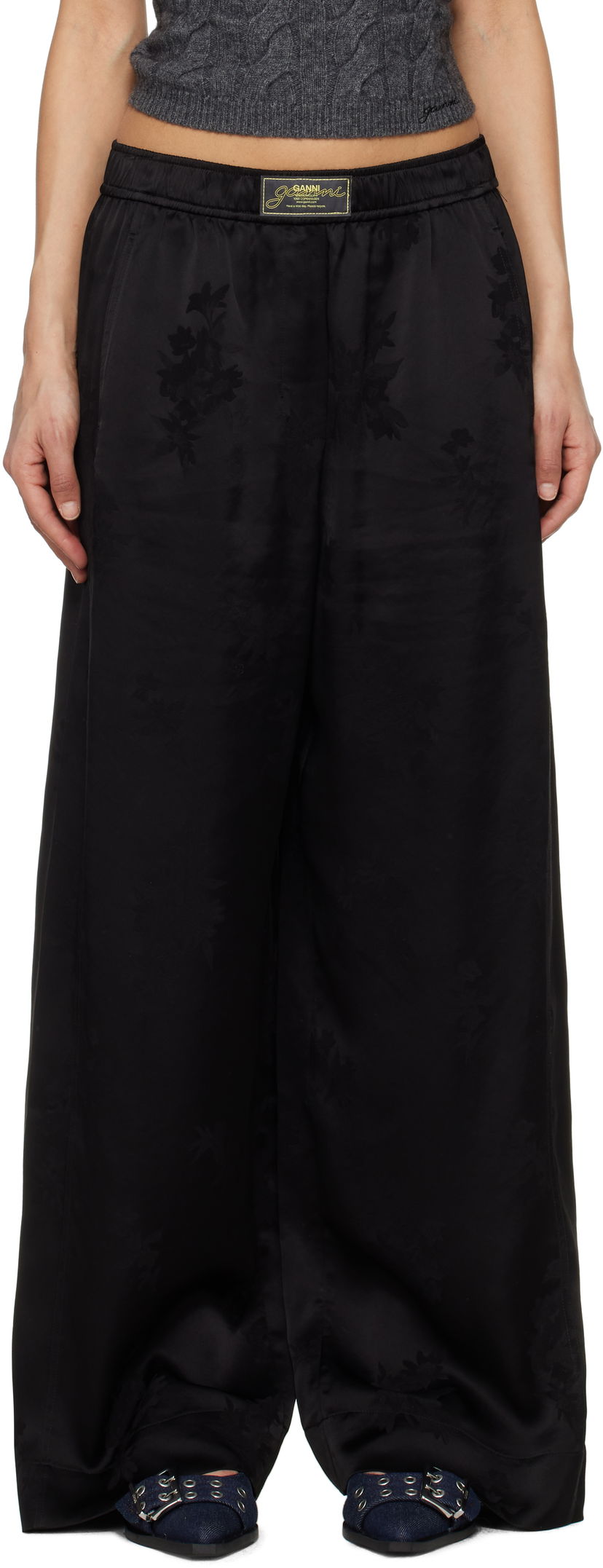 Byxor GANNI GANNI Satin Jacquard Trousers Svart | W0383