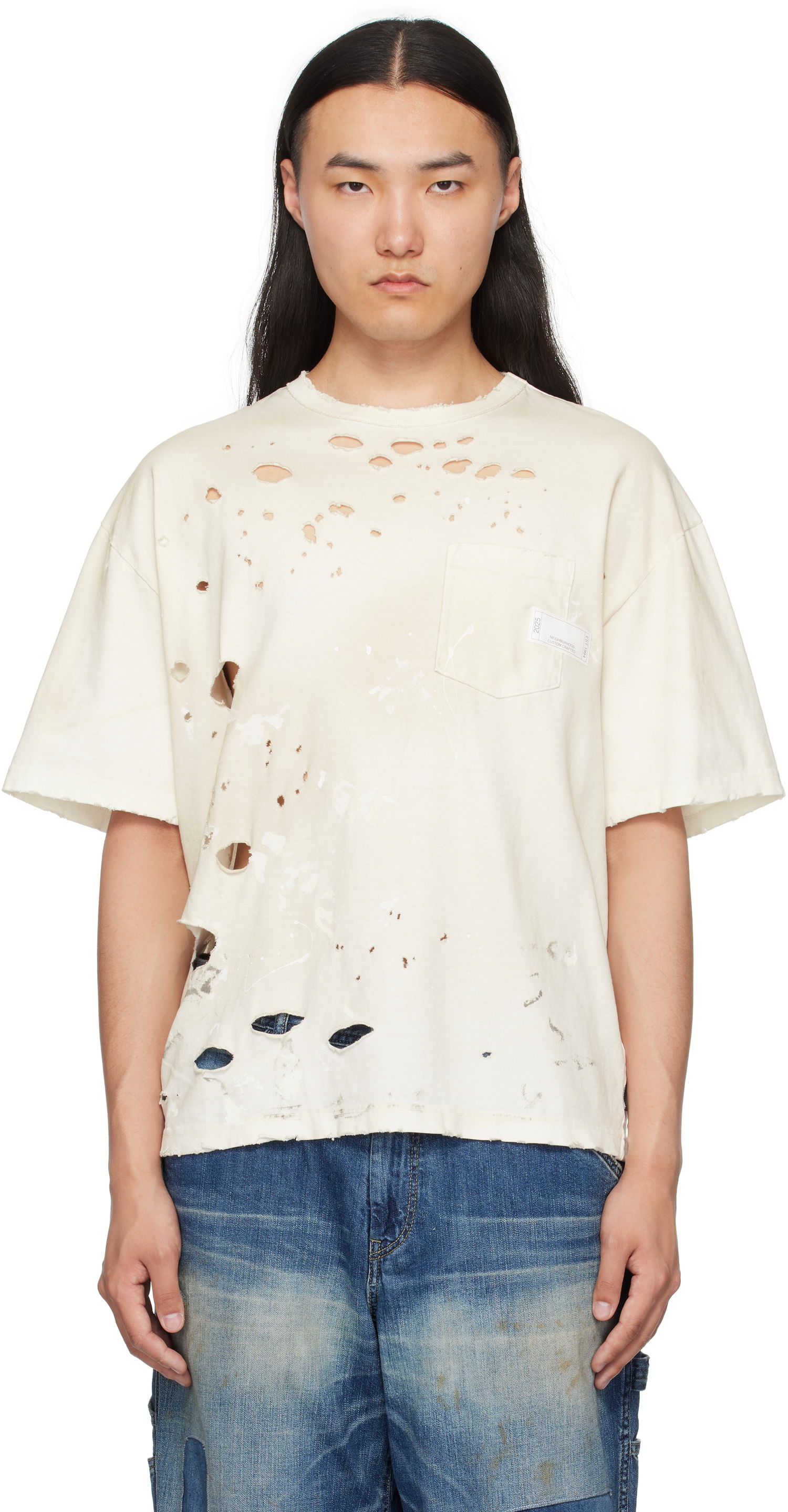T-shirt Neighborhood Neighborhood Savage Crewneck Distressed T-Shirt Vit | 251OKNH-CSM04, 0