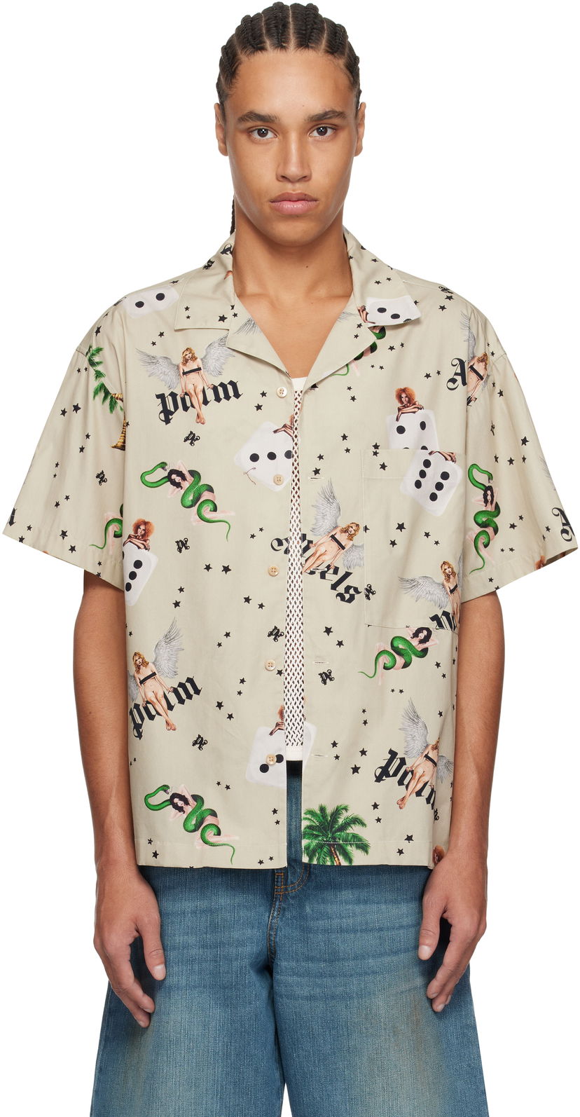 Skjorta Palm Angels Palm Angels Pin Up Bowling Shirt Beige | PMGG00AS25FAB0050B84