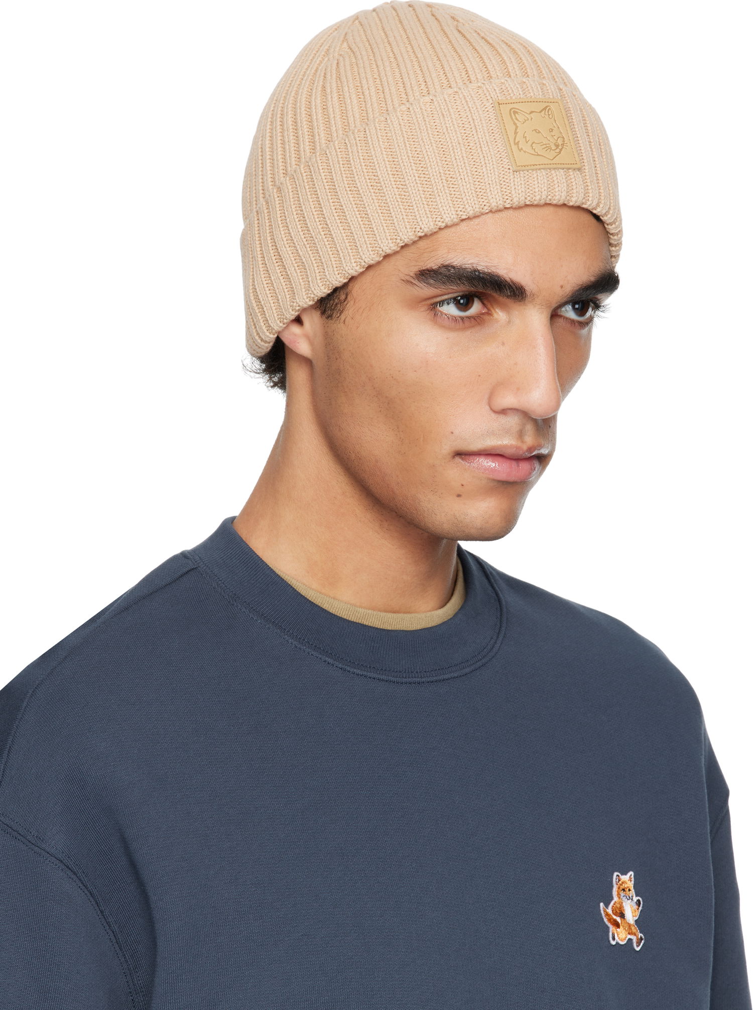 Mössa MAISON KITSUNÉ Maison Kitsuné Fox Head Leather Patch Beanie Beige | OW06110KT1140, 1