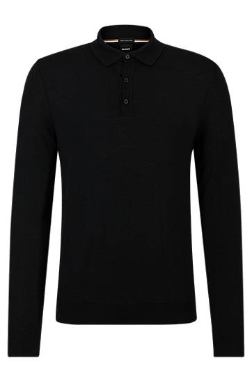 Polotröja BOSS Long-Sleeved Virgin Wool Polo Sweater Svart | 50476355