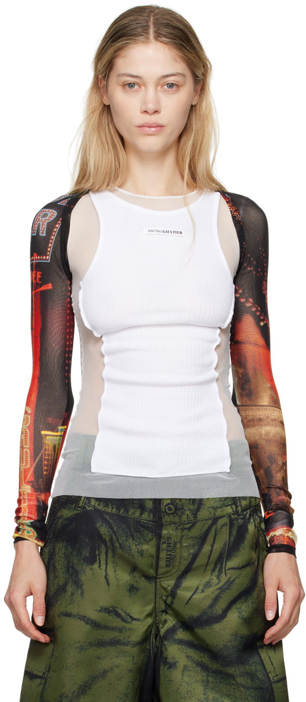 Linne Jean Paul Gaultier Jean Paul Gaultier 'The Pigalle' Printed Mesh Sleeves Vit | 24/30-F-TO207-T552-00301550
