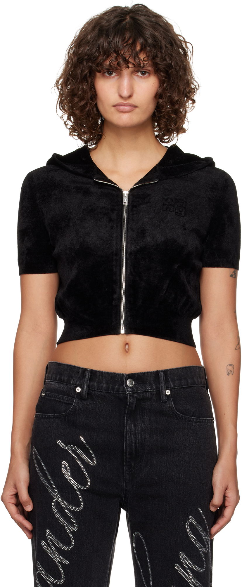 Sweatshirt Alexander Wang Alexander Wang.t Cropped Velour Zip-Up Hoodie Svart | 4KC4243003