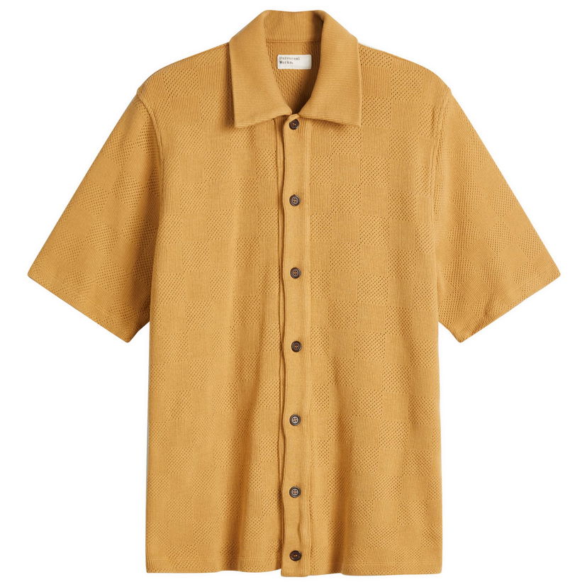 Skjorta Universal Works Universal Works Checkerboard Button Through Polo Shirt, Size Large Gul | 32415-SND