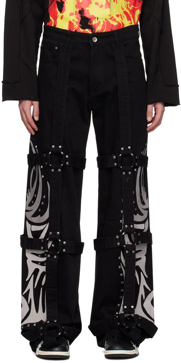 Jeans Who Decides War Who Decides War Bondage Strap Studded Graphic Jeans Svart | 1121030002SS24