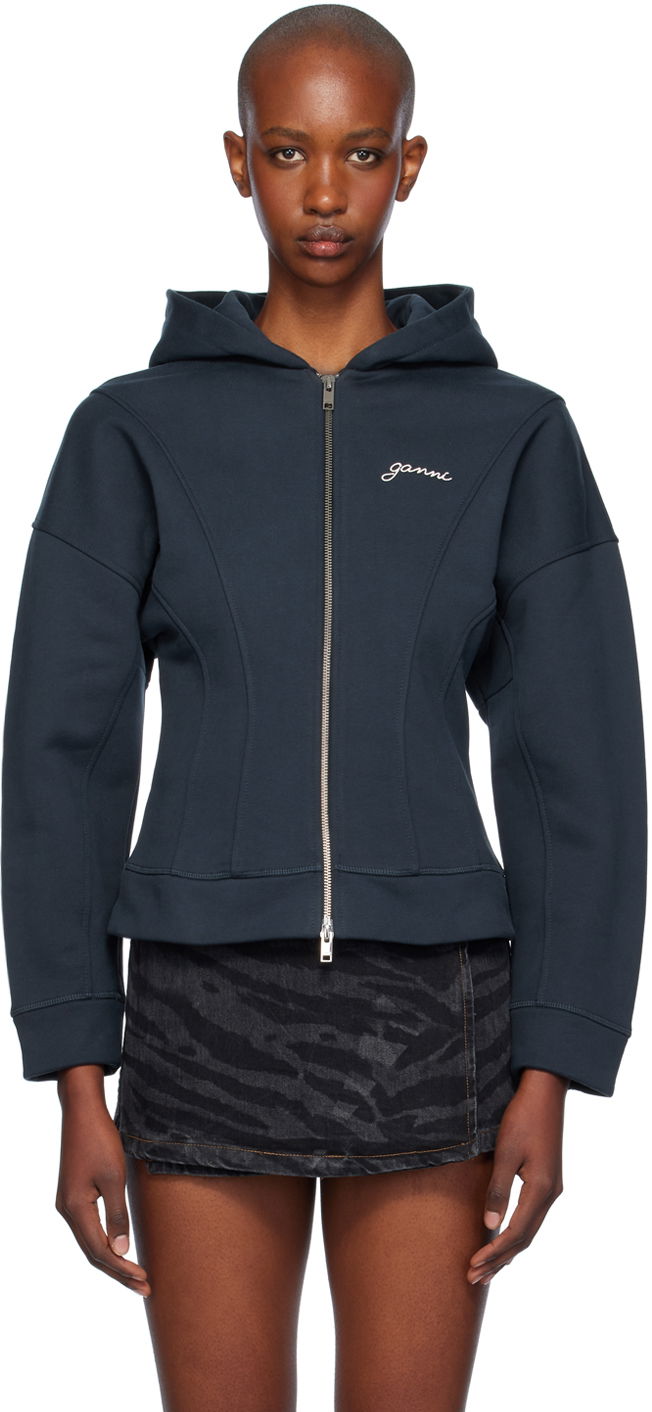 Sweatshirt GANNI Ganni Fleece Zip-Up Hoodie Mörkblå | T4029