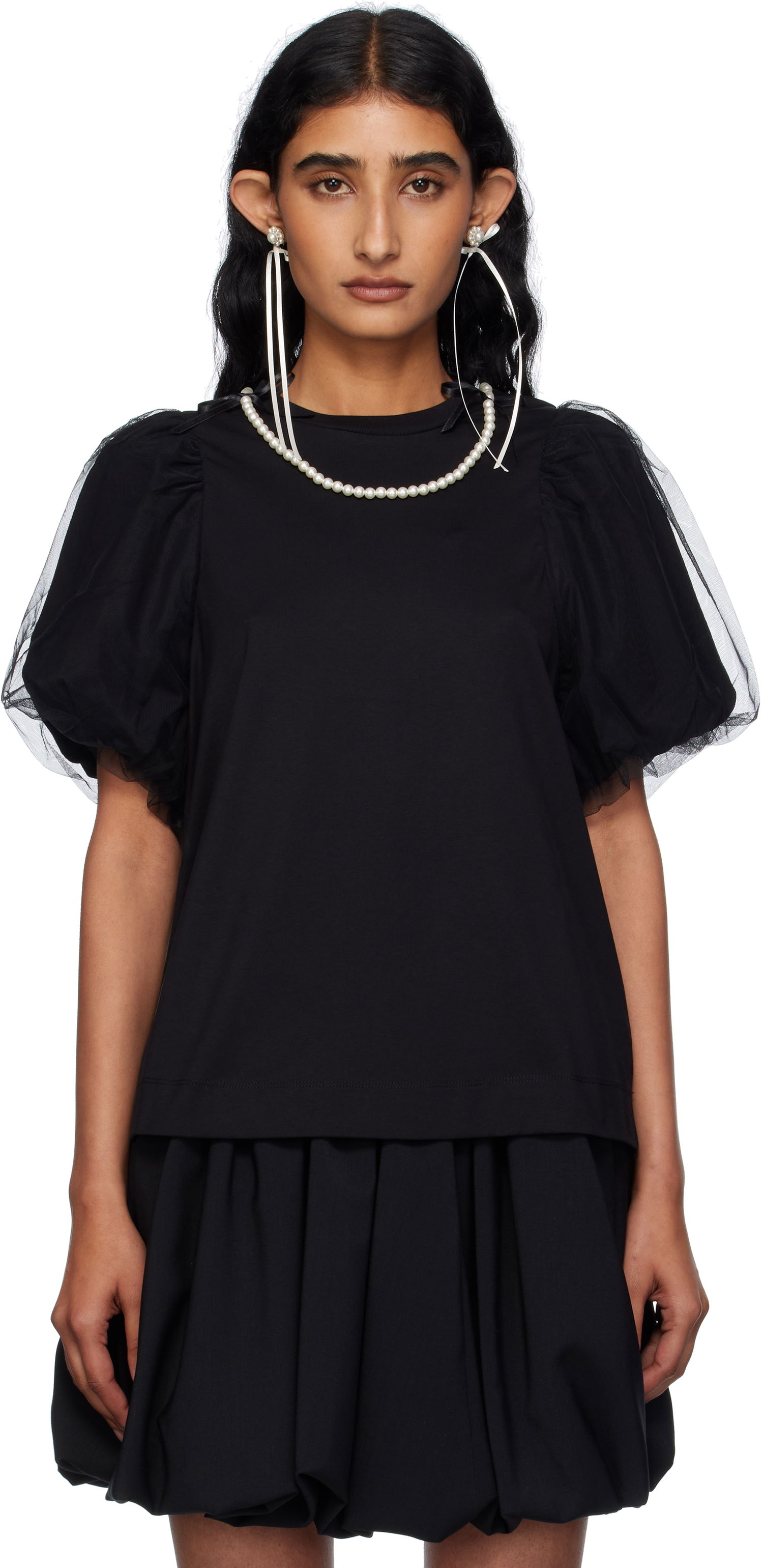 T-shirt Simone Rocha Simone Rocha Embellished Tulle Overlay Puff Sleeve T-Shirt Svart | 5397B 0553, 0