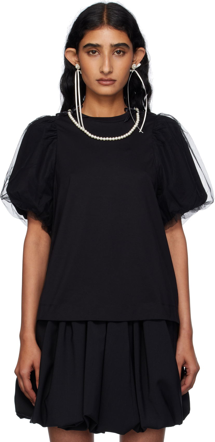 T-shirt Simone Rocha Simone Rocha Embellished Tulle Overlay Puff Sleeve T-Shirt Svart | 5397B 0553
