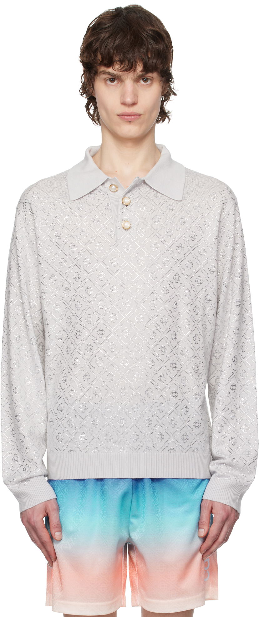 Polotröja Casablanca Casablanca Crystal Monogram Knit Polo Grå | MPS25-KW-865-01