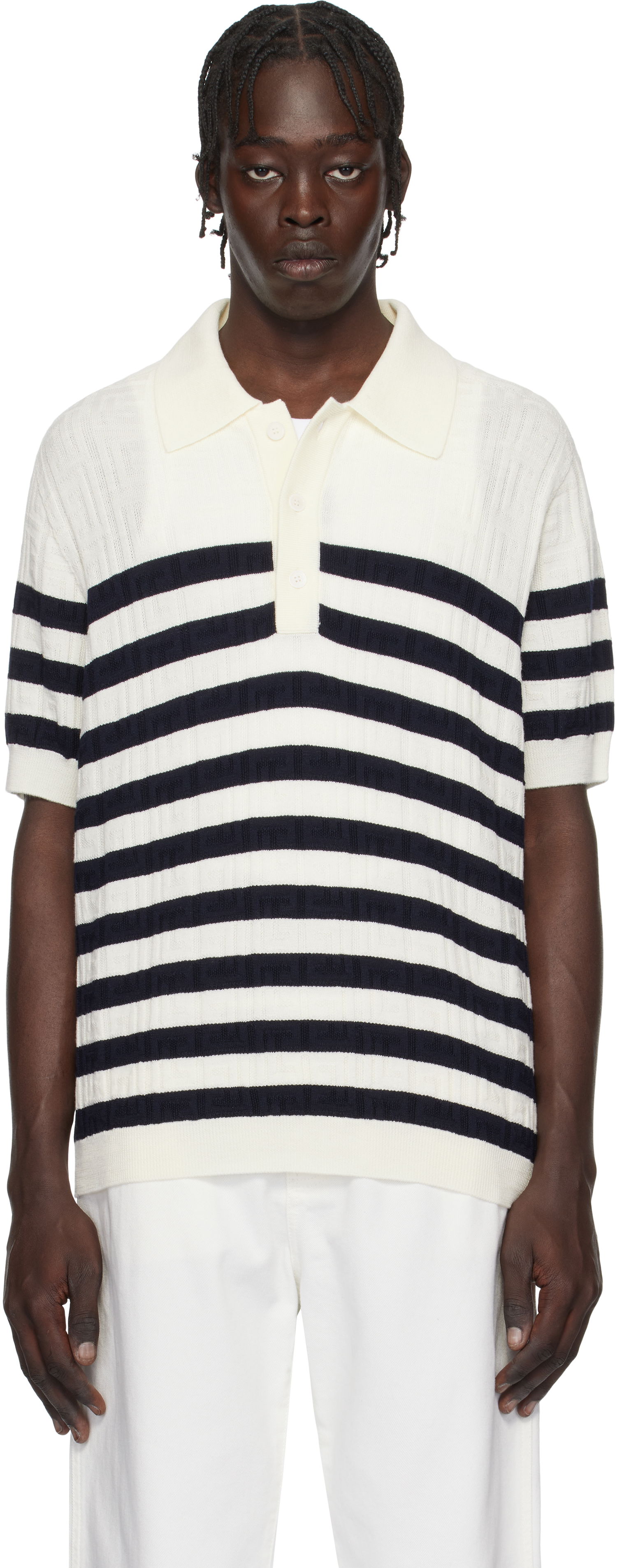 Polotröja Balmain Striped Knit Polo Shirt Vit | EH1GB066KI01, 0