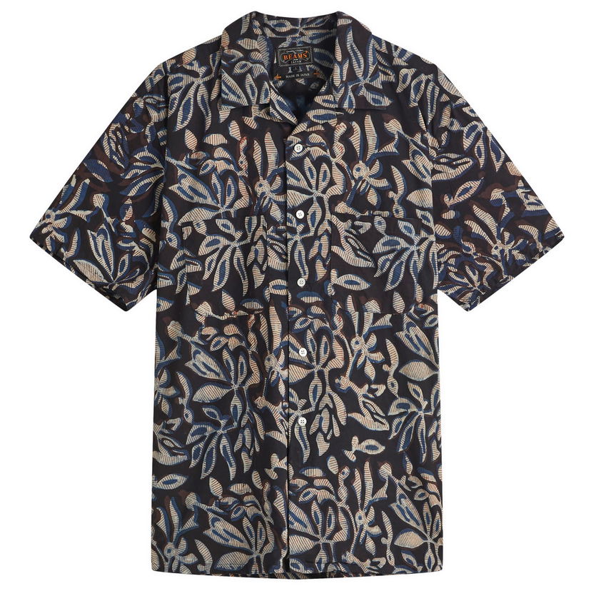 Skjorta BEAMS Beams Plus Open Collar Block Print Leaf Shirt, Size Large Svart | 3801-0172-139-79