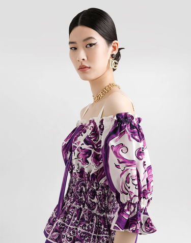Skjorta Dolce & Gabbana Dolce & Gabbana Majolica Print Off-the-Shoulder Poplin Top Purpur | F71I6TFI5JPHP5DQ, 1