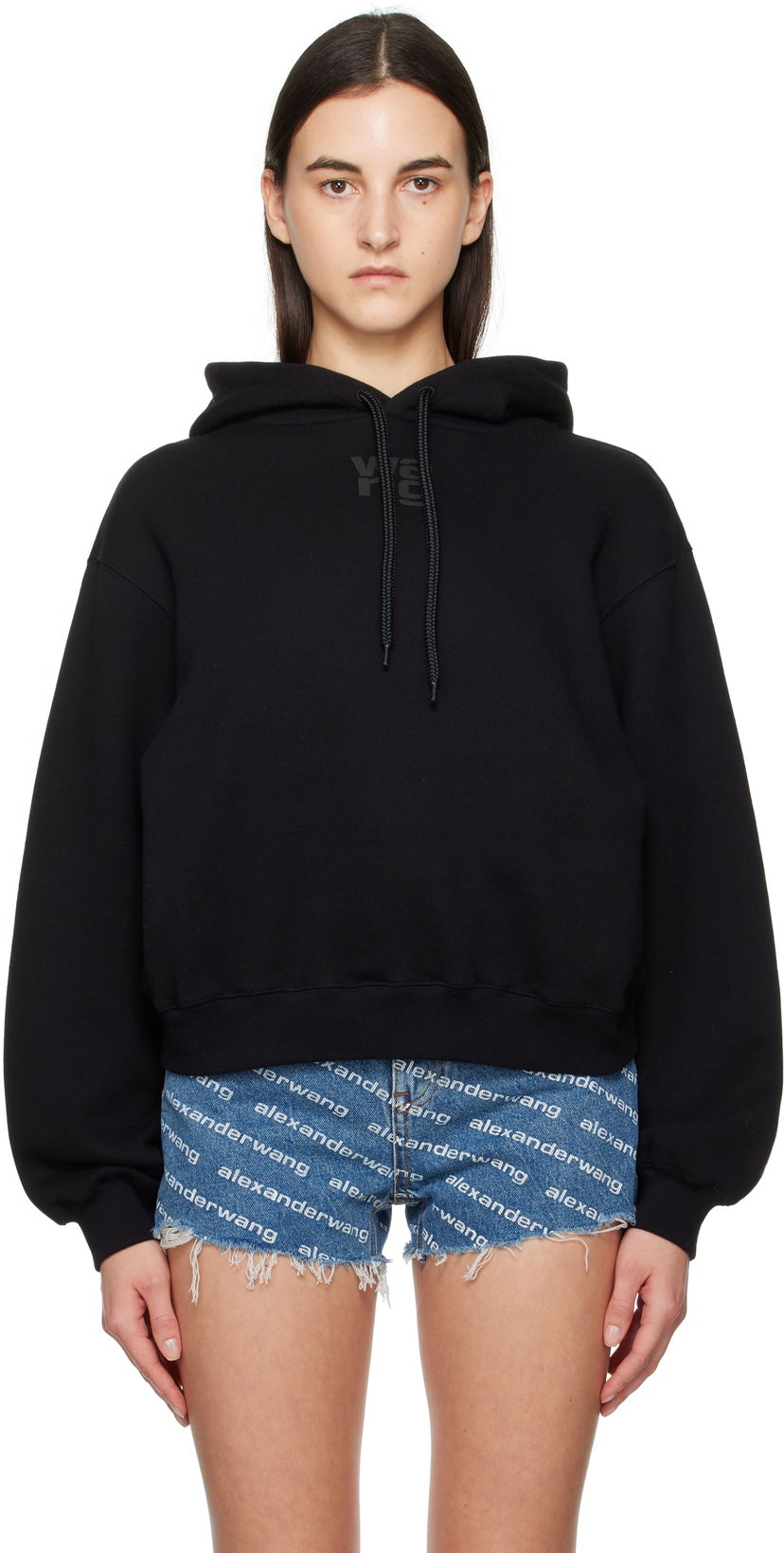 Sweatshirt Alexander Wang Puff Logo Cropped Hoodie Svart | 4CC3242101