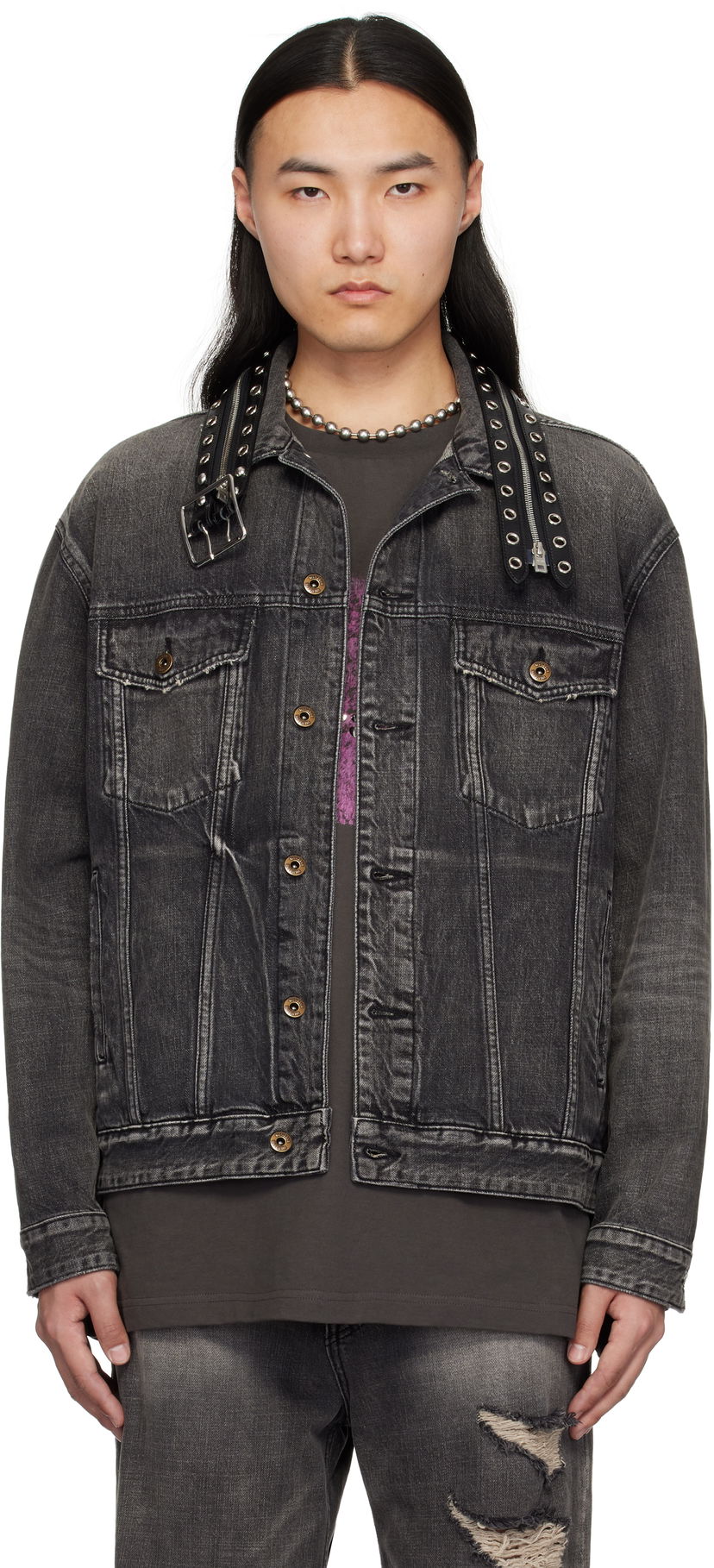 Jacka We11done We11done Belted Collar Denim Jacket Svart | WD-DJ0-25-315-U-BK