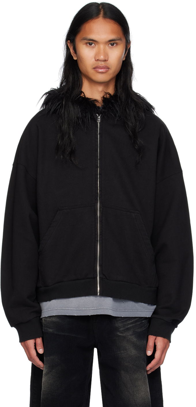 Sweatshirt We11done Faux Fur Trim Zip-Up Hoodie Svart | WD-TJ2-24-811-U-BK