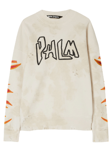 Sweater Palm Angels GD Palm Graffiti Flames Crewneck Beige | PMBA065F22FLE0060310