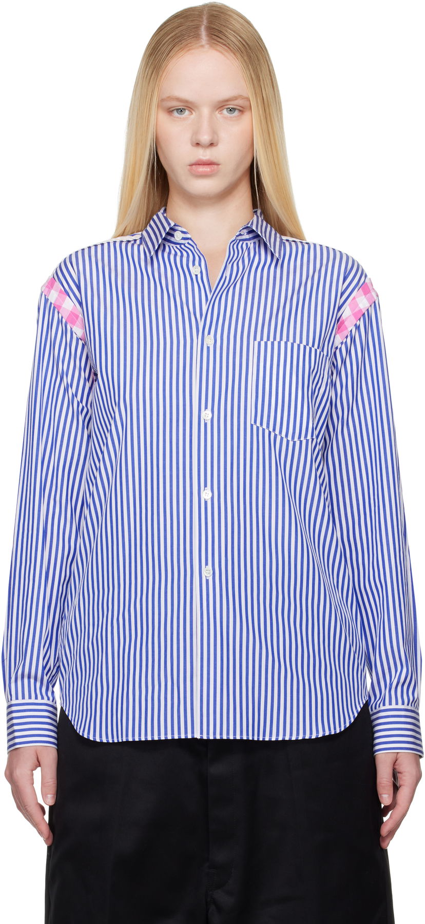 Skjorta Comme des Garçons Comme des Garçons Striped Gingham Trim Shirt Blå | FO-B020-S25