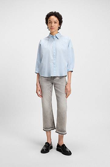 Skjorta BOSS Relaxed-Fit Striped Cotton Poplin Blouse Blå | 50543553, 1