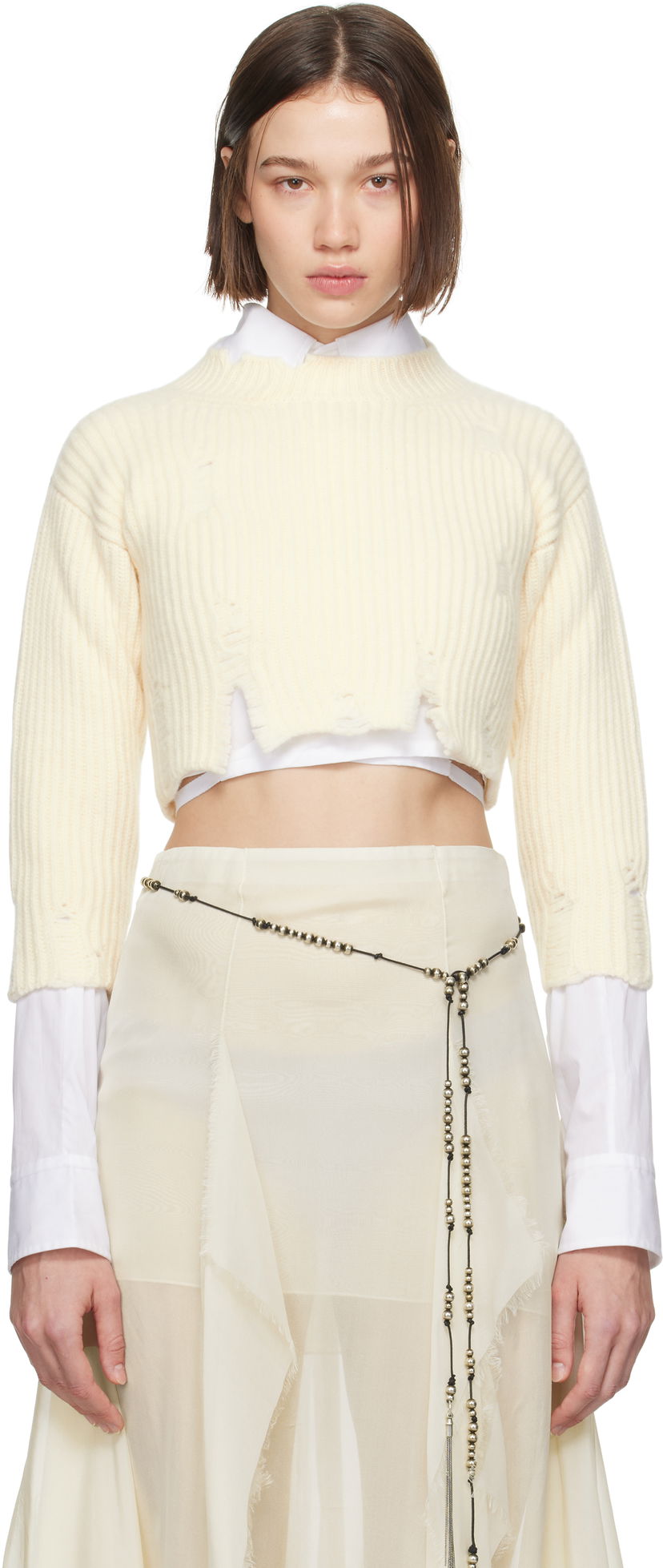 Sweater Ann Demeulemeester Cropped Distressed-Hem Sweater Vit | 2402-W-KN30-KN048-003