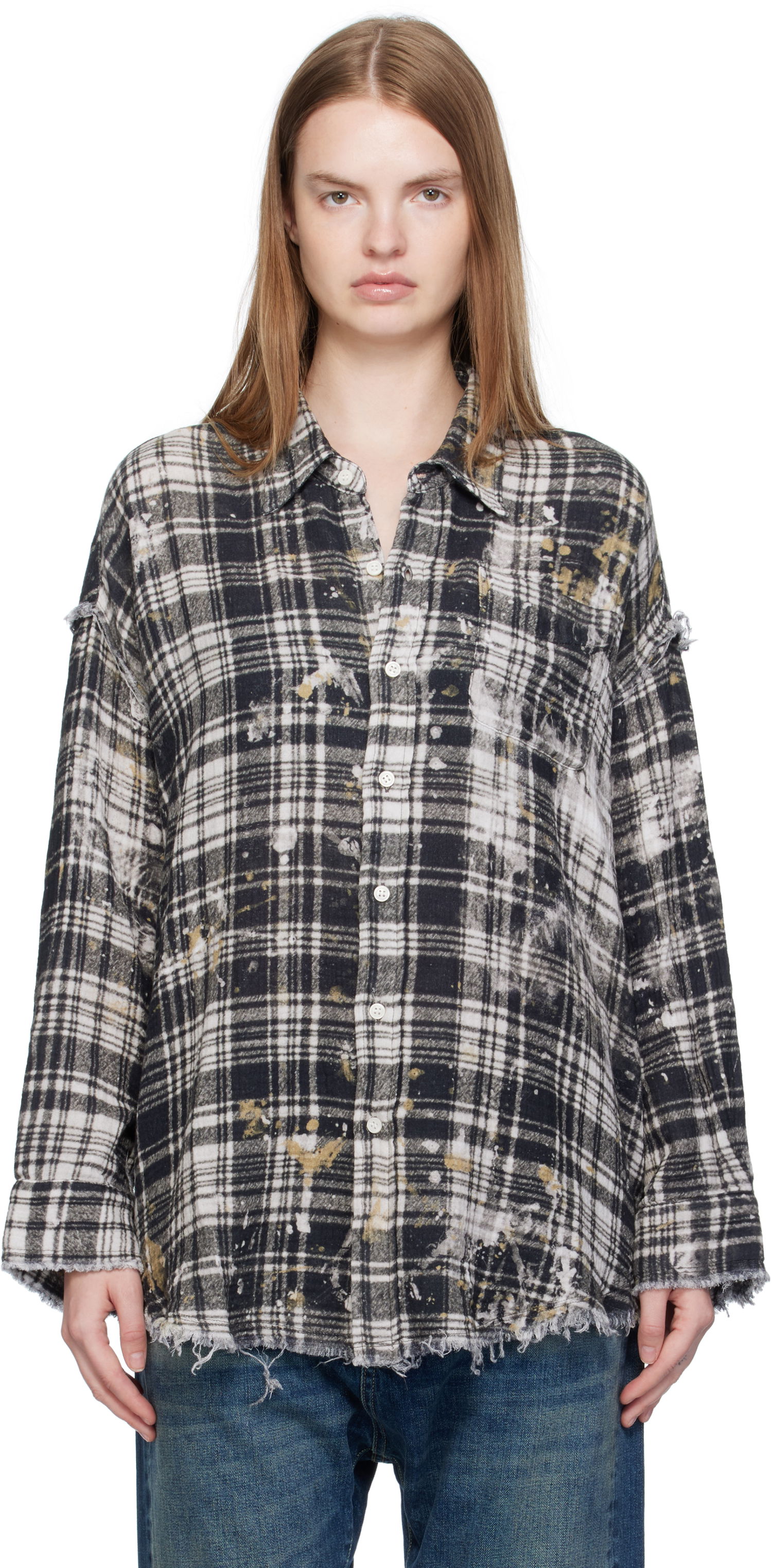 Skjorta R13 R13 Shredded Seam Drop Neck Plaid Shirt Svart | R13WR075-R557B, 0