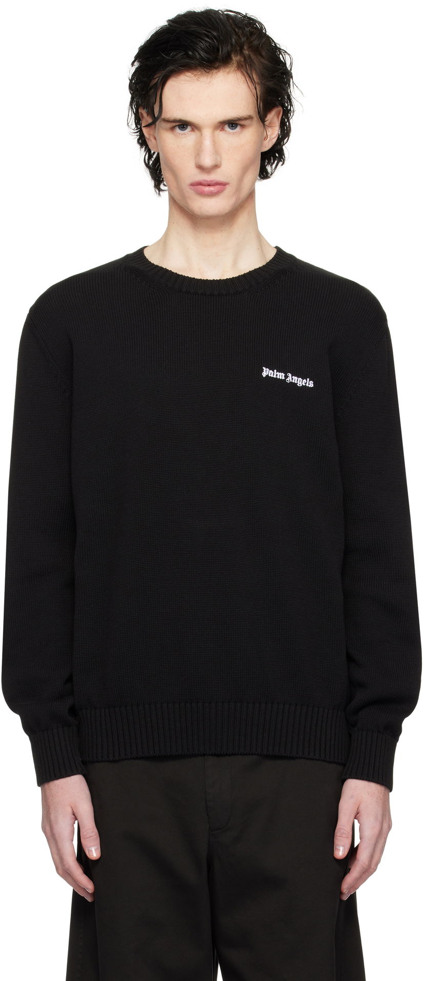 Sweater Palm Angels Logo Embroidered Sweater Svart | PMHE027C99KNI0021003