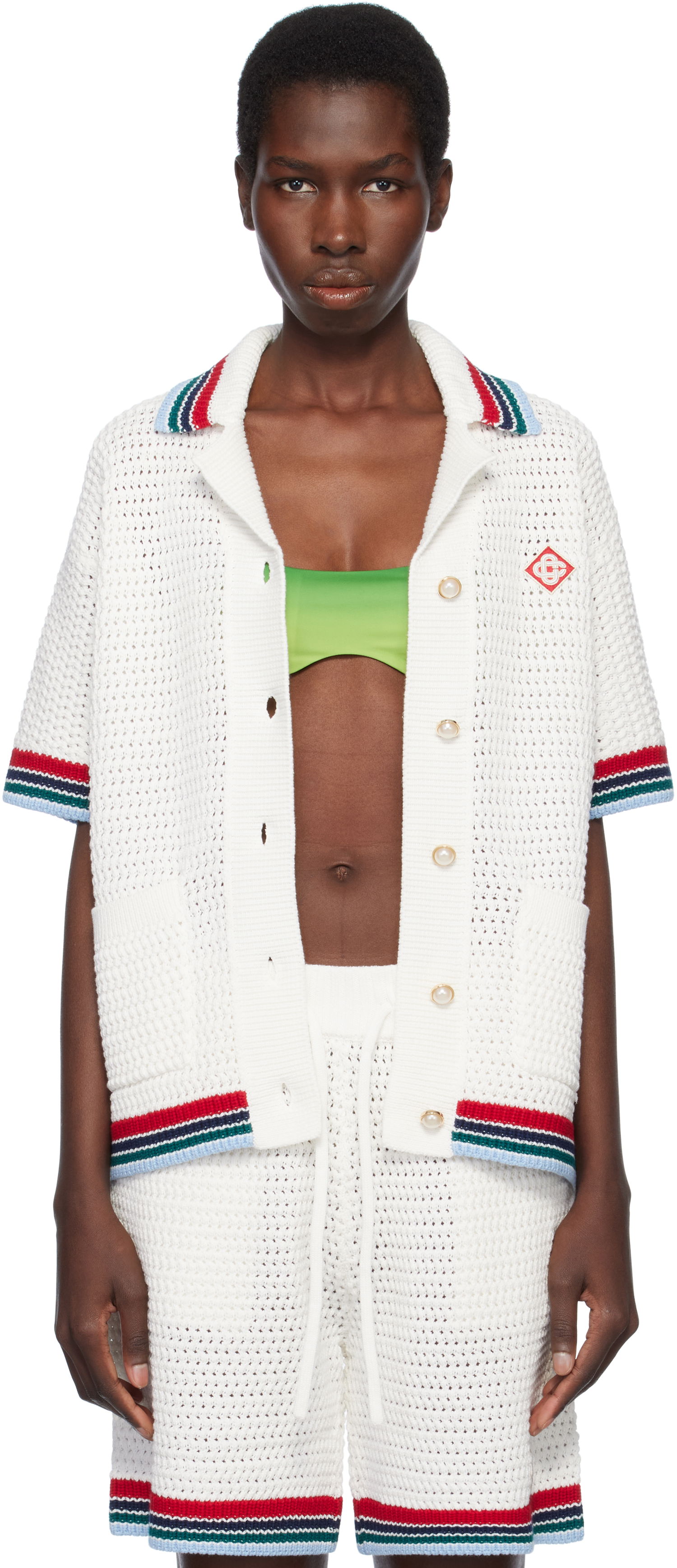 Sweater Casablanca Casablanca Gothic Crochet Knit Polo Shirt Vit | WS25-KW-1063-01, 0