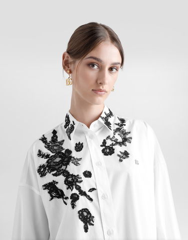 Skjorta Dolce & Gabbana Dolce & Gabbana Oversize Cotton Poplin Shirt with Lace Appliqués Vit | F5T39TGDB8OW0800, 3