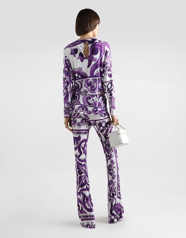 Byxor Dolce & Gabbana Dolce & Gabbana Majolica-Print Flared Viscose Trousers Purpur | FTDB6TFS8C0IP3TN, 2