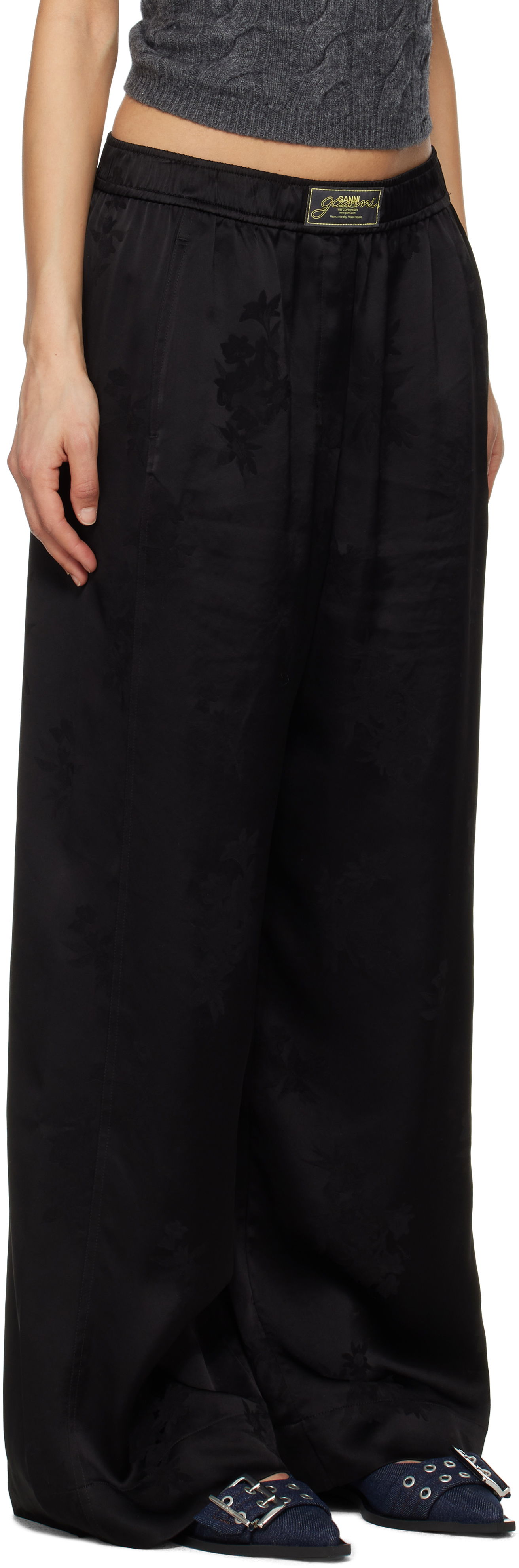 Byxor GANNI GANNI Satin Jacquard Trousers Svart | W0383, 1