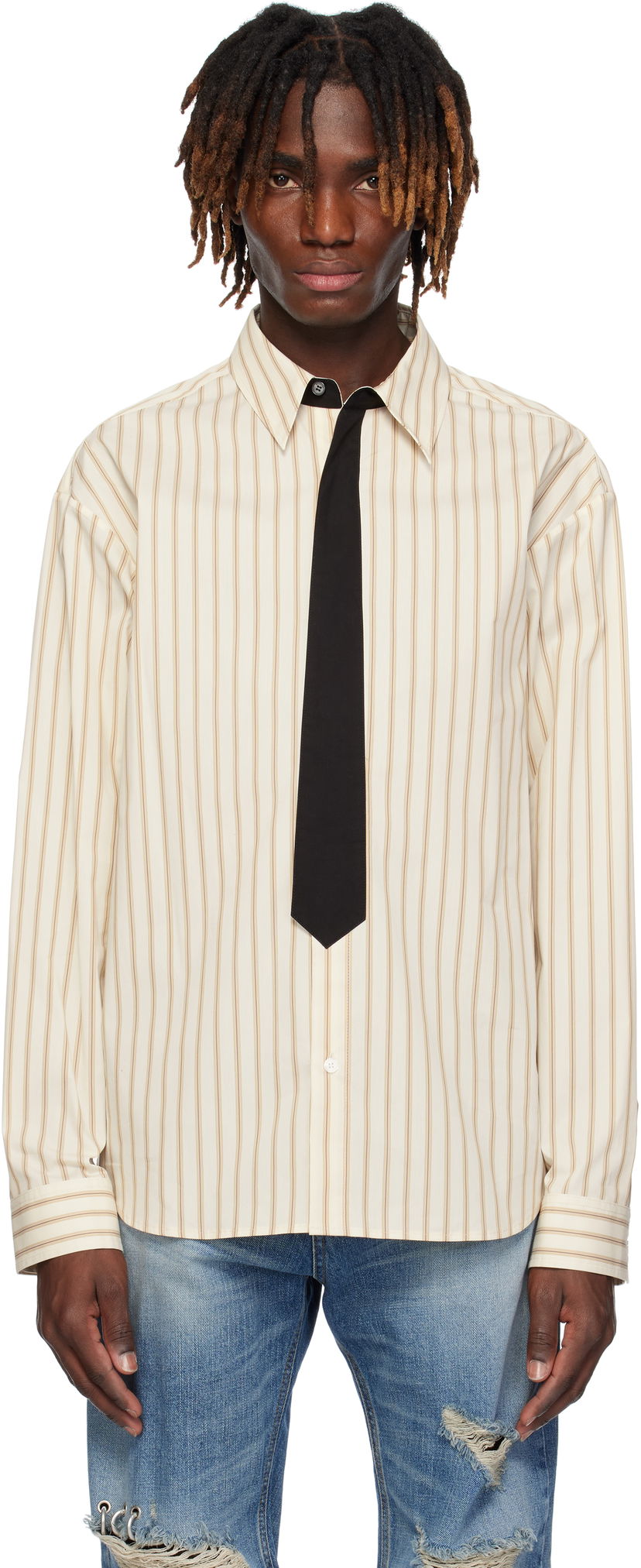 Skjorta We11done We11done Necktie Striped Shirt Beige | WD-SH0-25-161-M-BG