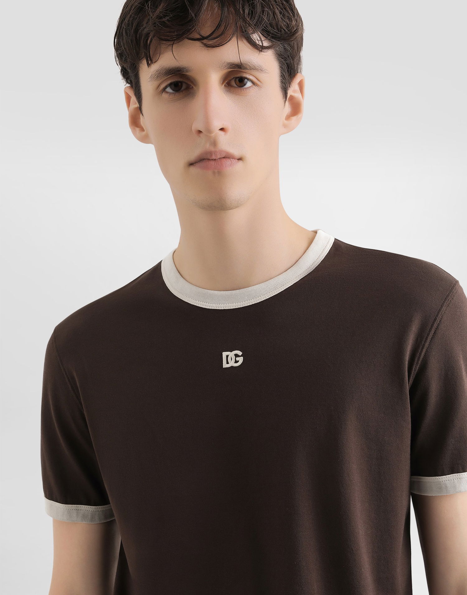 T-shirt Dolce & Gabbana Cotton Ringer T-shirt with DG Embroidery Brun | G8PV1ZG7PJ4M1213, 1
