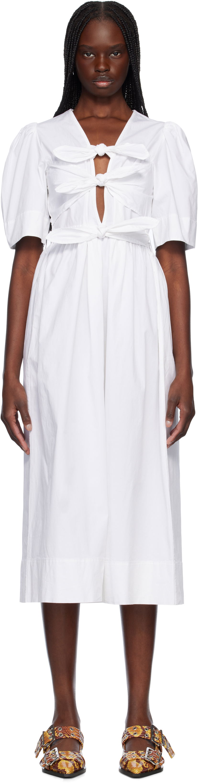 Klä GANNI GANNI Stretch Cotton Tie Strap Midi Dress Vit | W0306
