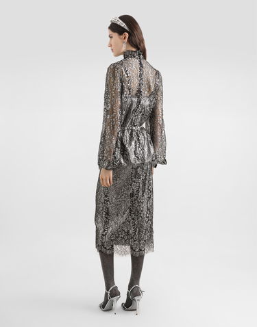 Skjorta Dolce & Gabbana High-neck Long-sleeve Lamé Lace Top with Scalloped Hem, Collection Metallisk | F7BD7TILMCFS0998, 2