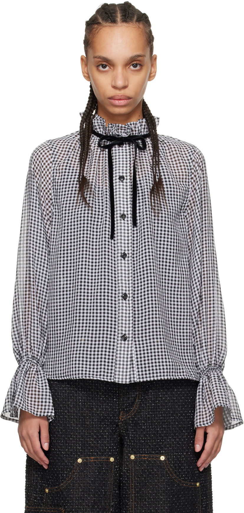 Skjorta GANNI Ganni Sheer Check Tie-Neck Blouse Vit | W0155