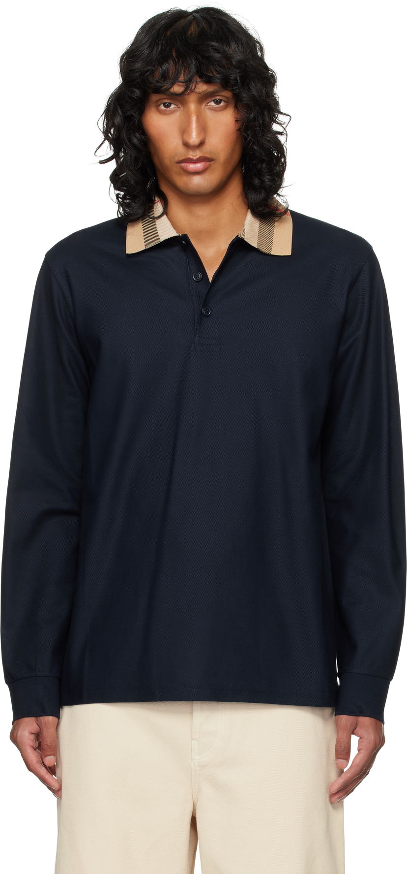 Polotröja Burberry Burberry Check Collar Long Sleeve Polo Mörkblå | 8098813