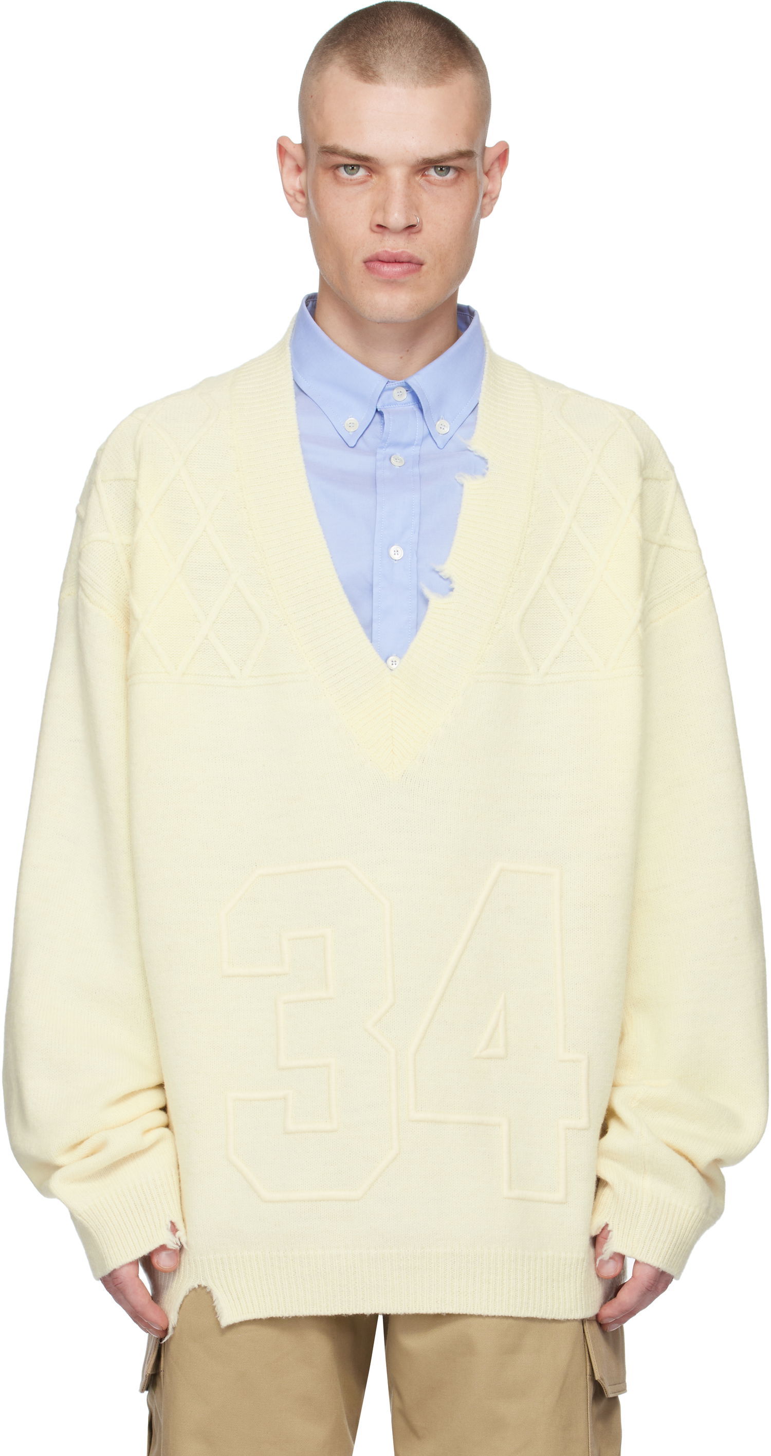 Sweater Ambush Destroyed Rib Knit V-Neck Sweater Gul | BMHD004F24KNI0013100, 0