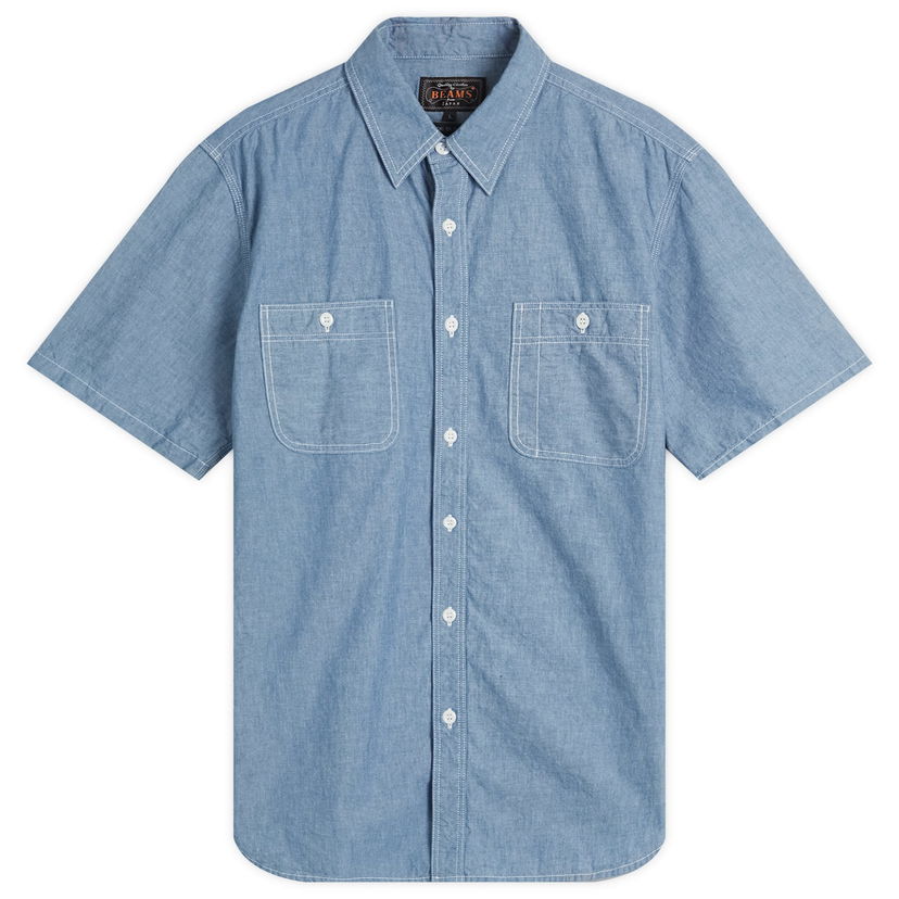 Skjorta BEAMS Beams Plus Short Sleeve Work Shirt, Size Large Blå | 3801-0004-139-70