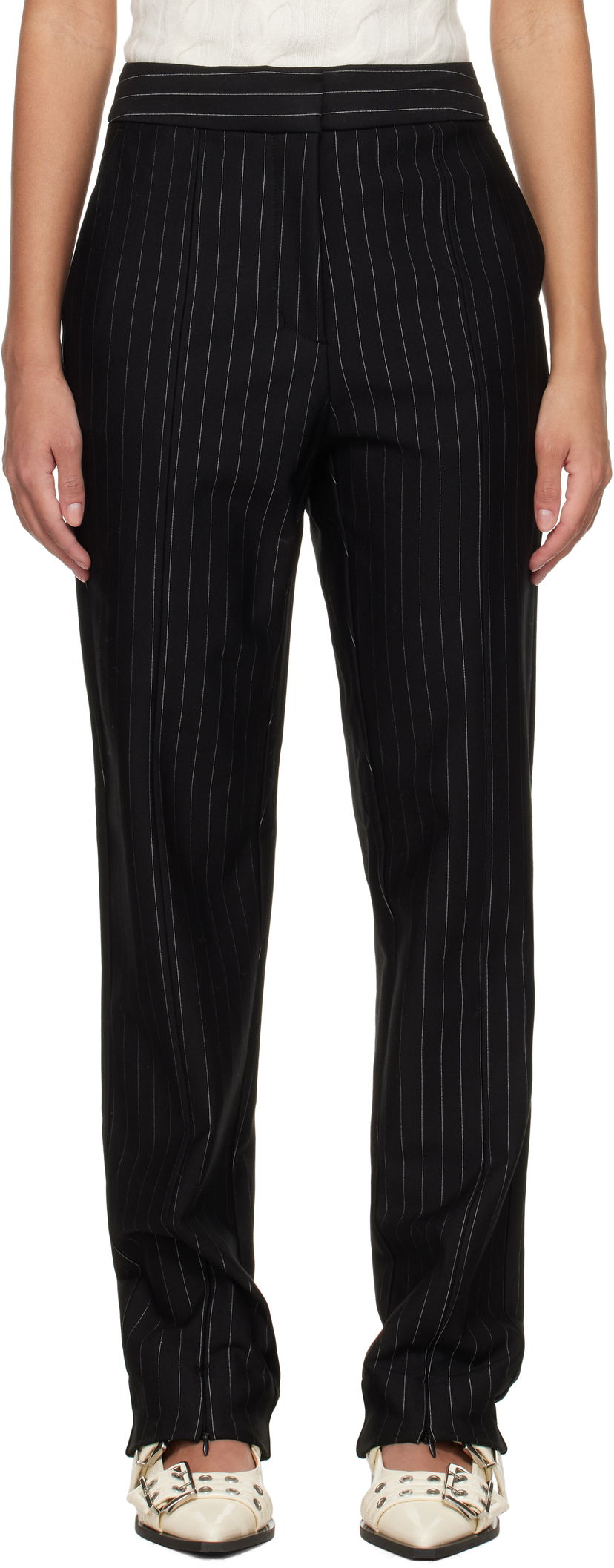 Byxor GANNI GANNI Mid Waist Pinstripe Trousers Svart | T4100