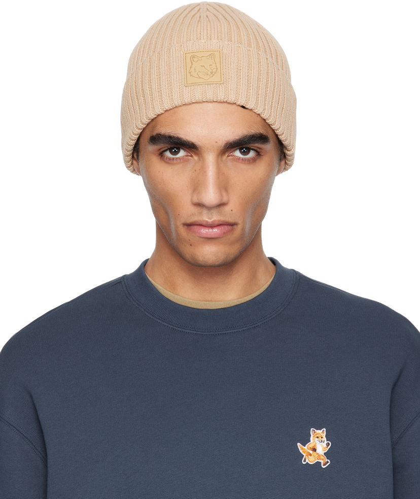 Mössa MAISON KITSUNÉ Maison Kitsuné Fox Head Leather Patch Beanie Beige | OW06110KT1140