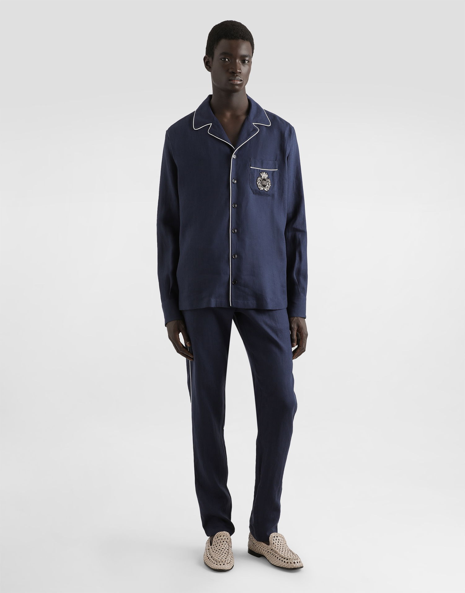 Skjorta Dolce & Gabbana Dolce & Gabbana Linen Vanity Shirt with Heraldic Emblem Mörkblå | G5IF1ZFU4LGB0665, 1