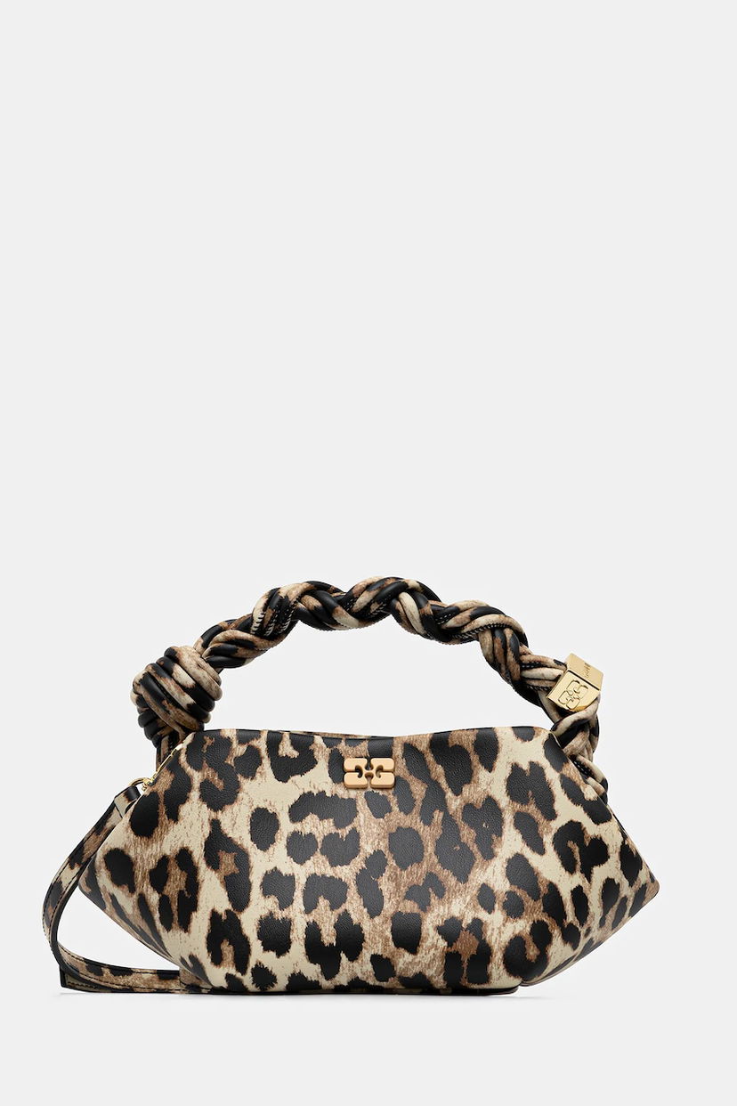 Handväska GANNI Leather Bou Bag Mini Leopard Print with Braided Handle Flerfärgad | A6948