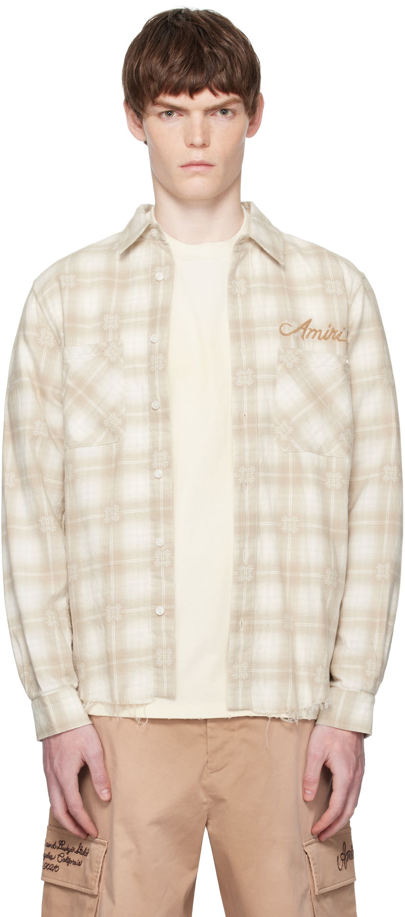 Skjorta AMIRI Amiri Bleach Bandana Patch Flannel Shirt Beige | AMSTFL1015