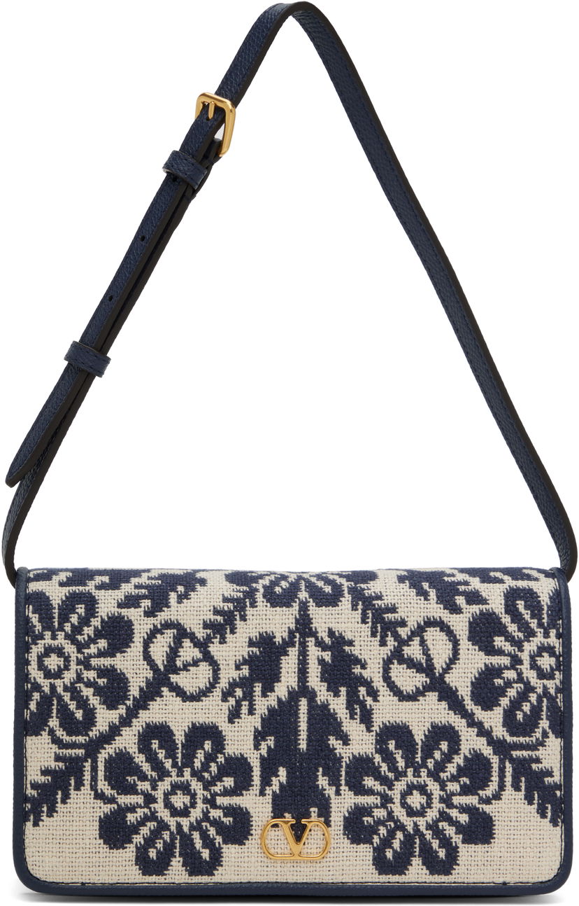 Handväska Valentino Valentino Garavani VLogo Signature Jacquard Flowers Bag Mörkblå | 6W0P0AK8ICD